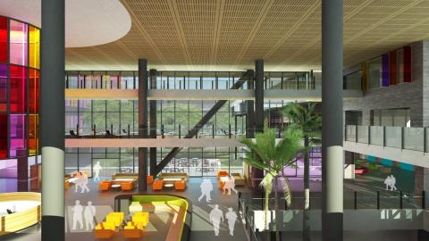 View of the main entrance foyer featuring a double height wall of windows at the Blacktown Mount Druitt hospital