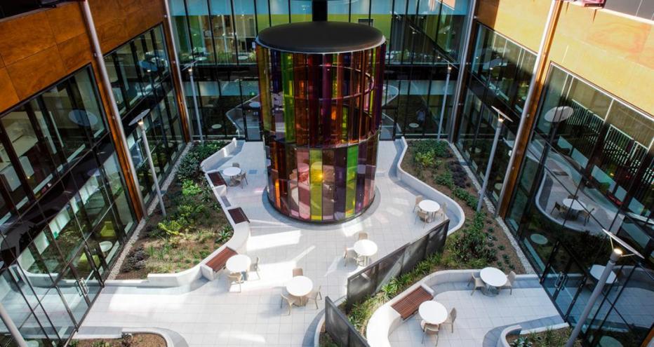 Looking down into the sun-filled atrium at the Blacktown Mount Druitt Hospital