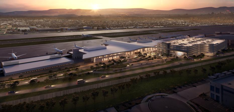 Aerial rendering of Burbank airport at dusk