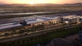 Aerial rendering of Burbank airport at dusk