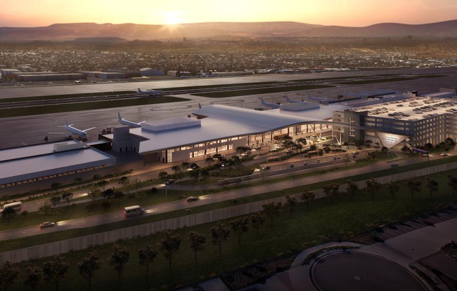 Aerial rendering of Burbank airport at dusk