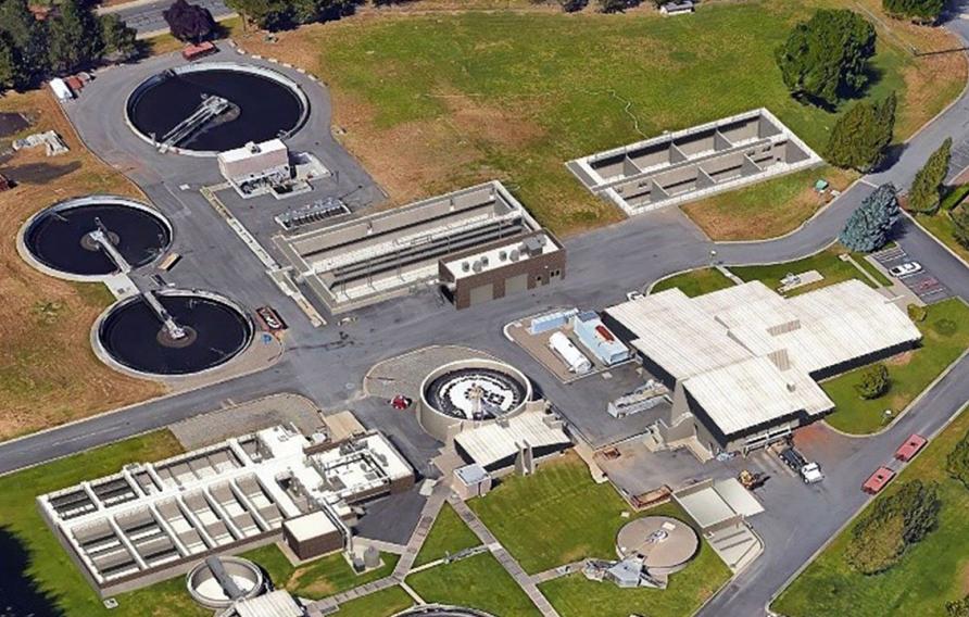 Aerial view of water restoration plant, Oregon