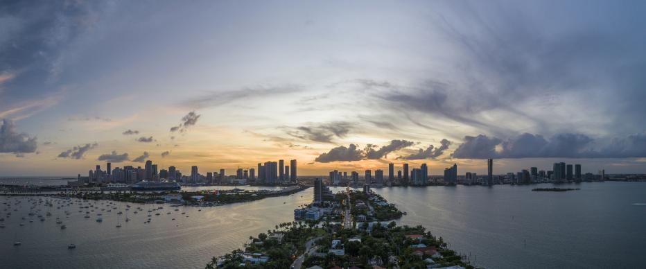 Sunset over Miami, the aerial view from Venetian Islands