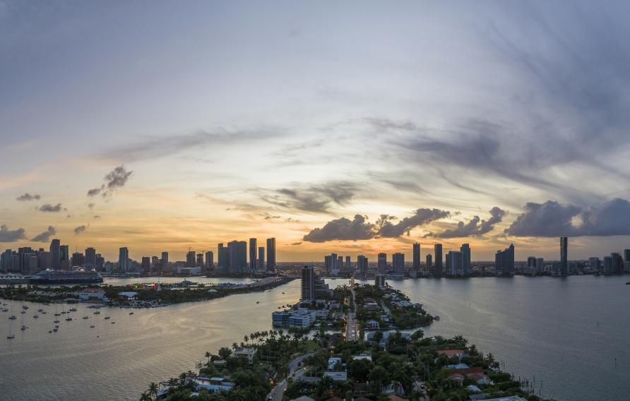 Sunset over Miami, the aerial view from Venetian Islands