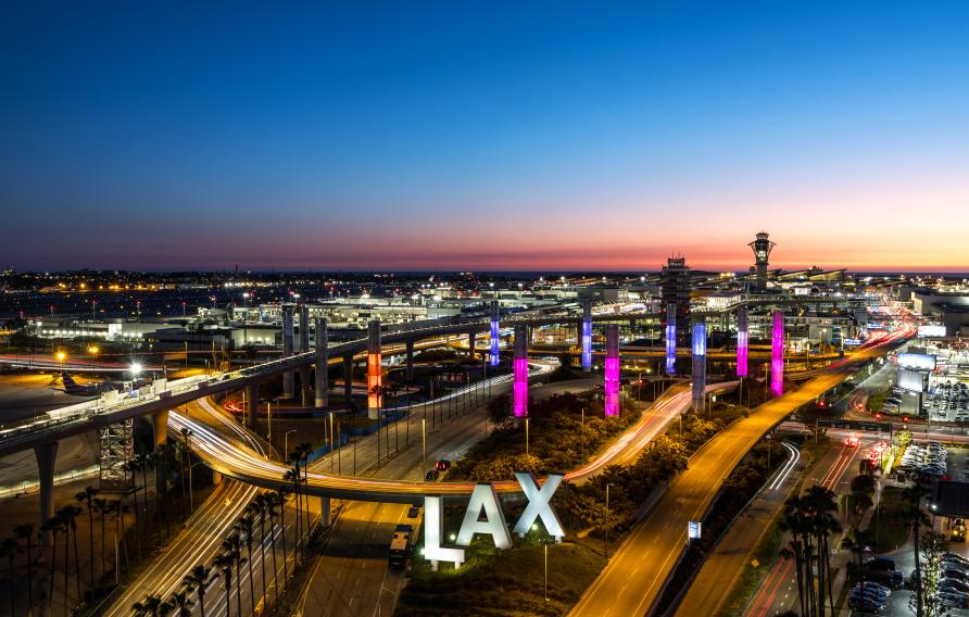 Los Angeles, California, USA - April 7, 2024: Overview of the Los Angeles International Airport. Captured from above after sunset.