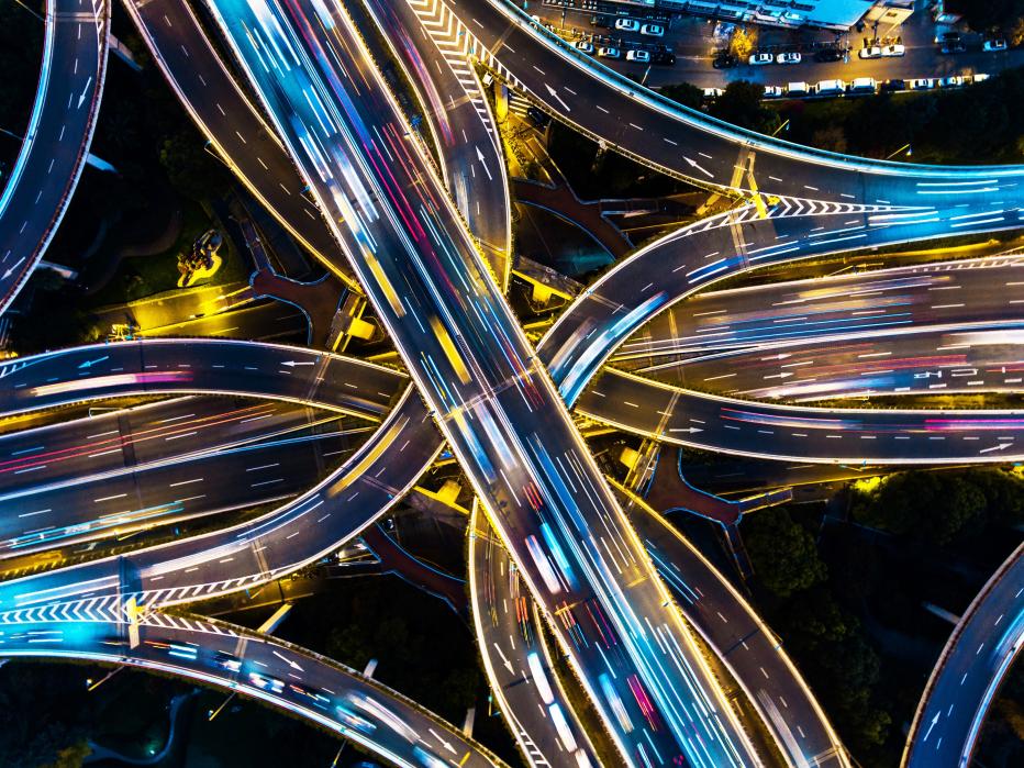 Shanghai highway junction aerial view at night time