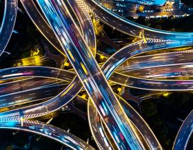 Shanghai highway junction aerial view at night time