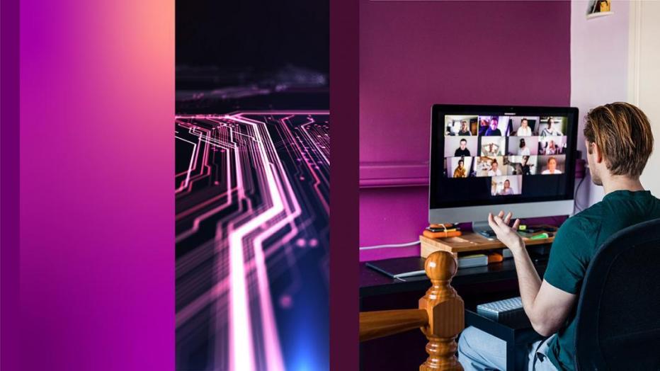 Purple background with guy in front of video conference on computer