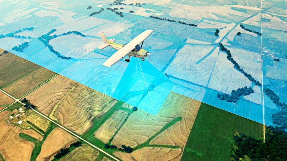 Rendering of plane flying over farmland for digital mapping