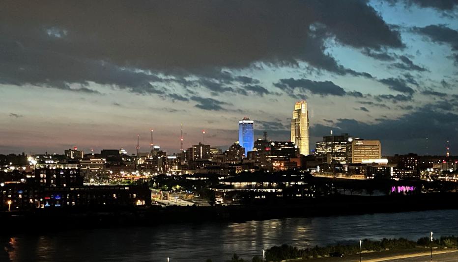 Missouri River through downtown Omaha at night